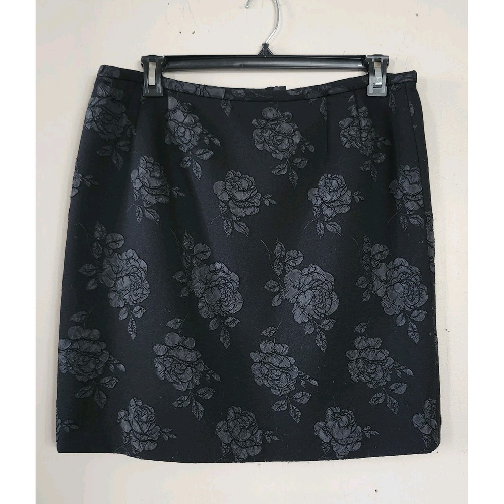 Talbots Womens Sz 18 Black Knee Length Skirt Textured Rose Print Lined Plus